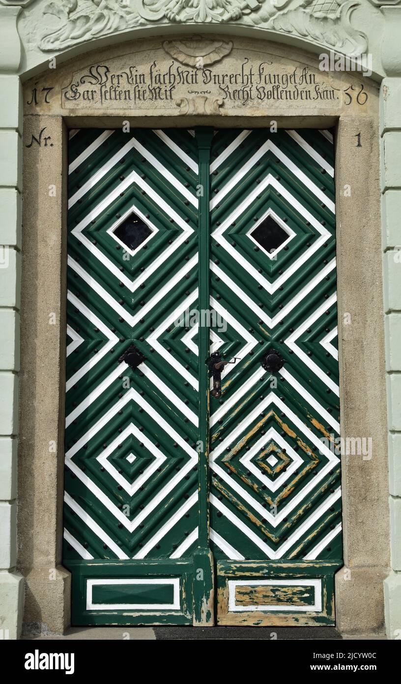Colorful door of the old Town Hall of Gmunden, city in Austria by lake Traunsee, vertical Stock Photo