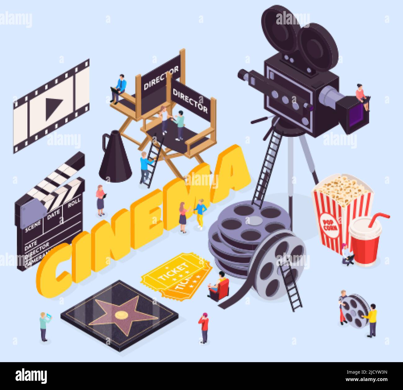 Isometric Cinema Composition With Text And Movie Making Tools Directors Isometric Cinema Composition With Text And Movie Making Tools Directors