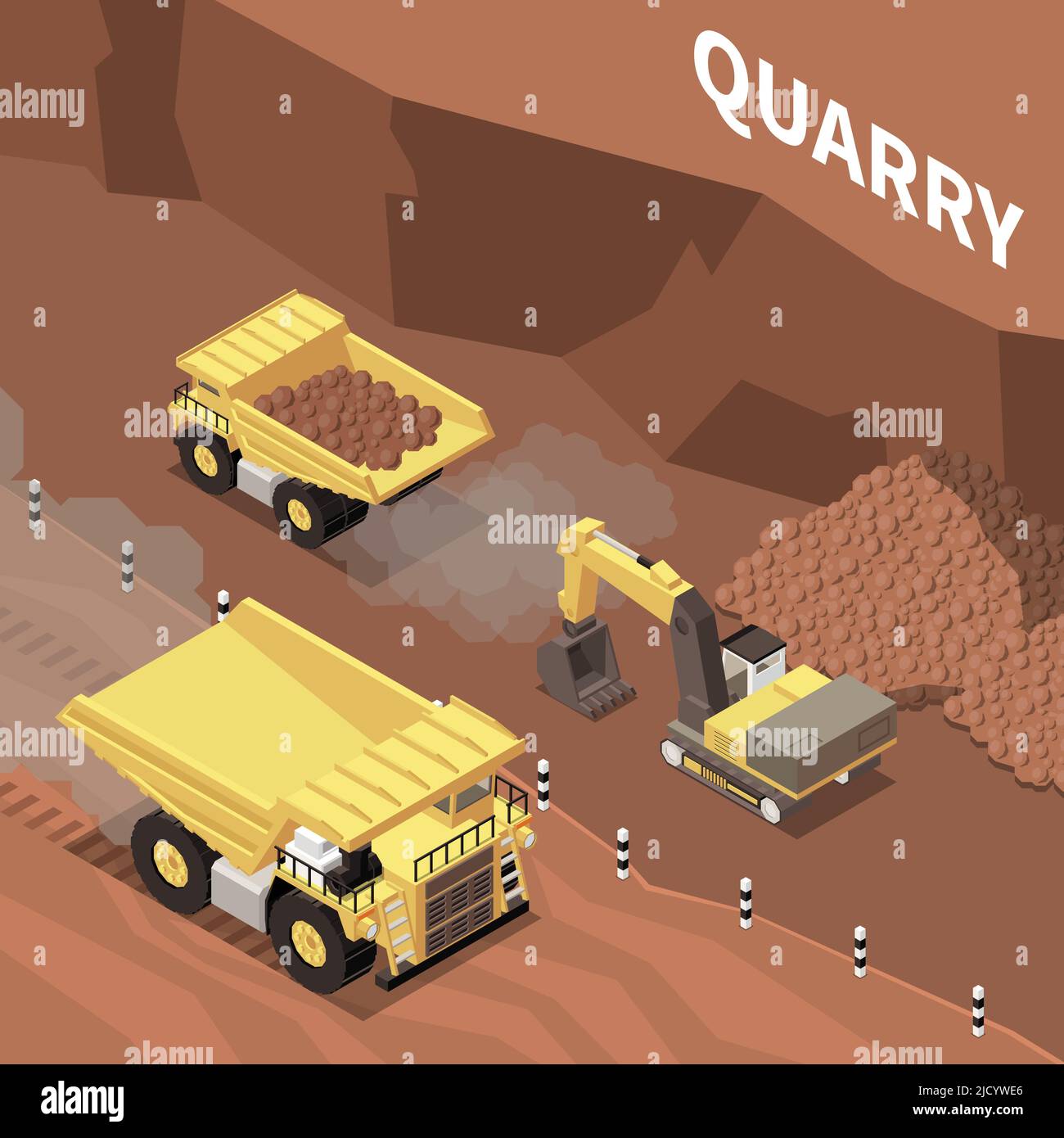 Mining machinery working in quarry 3d isomtric vector illustration Stock Vector