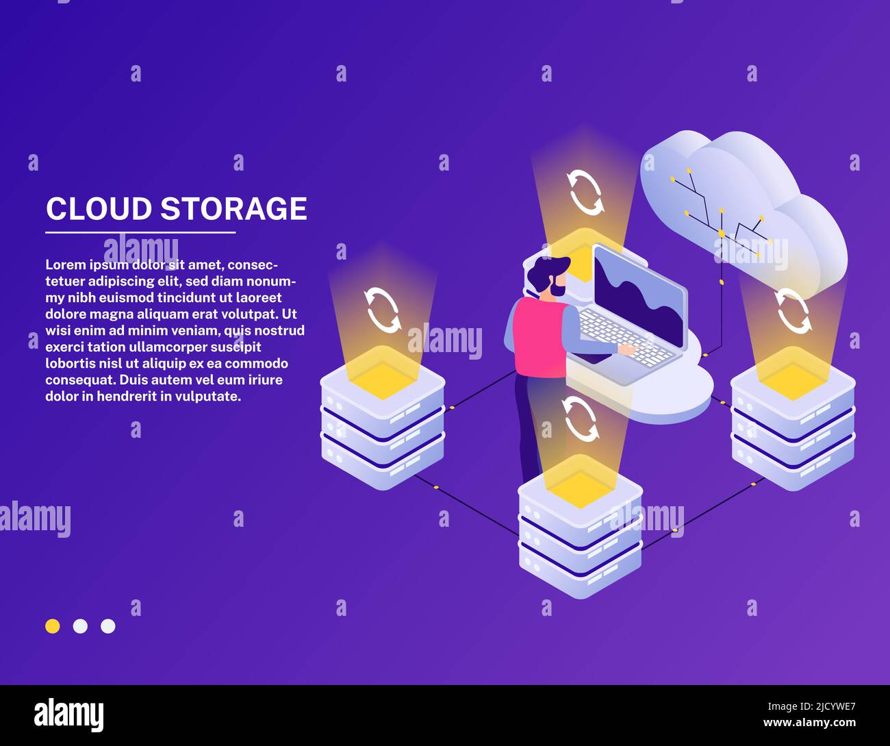 Datacenter online cloud service isometric composition with analytic accessing data storage against vibrant purple background vector illustration Stock Vector