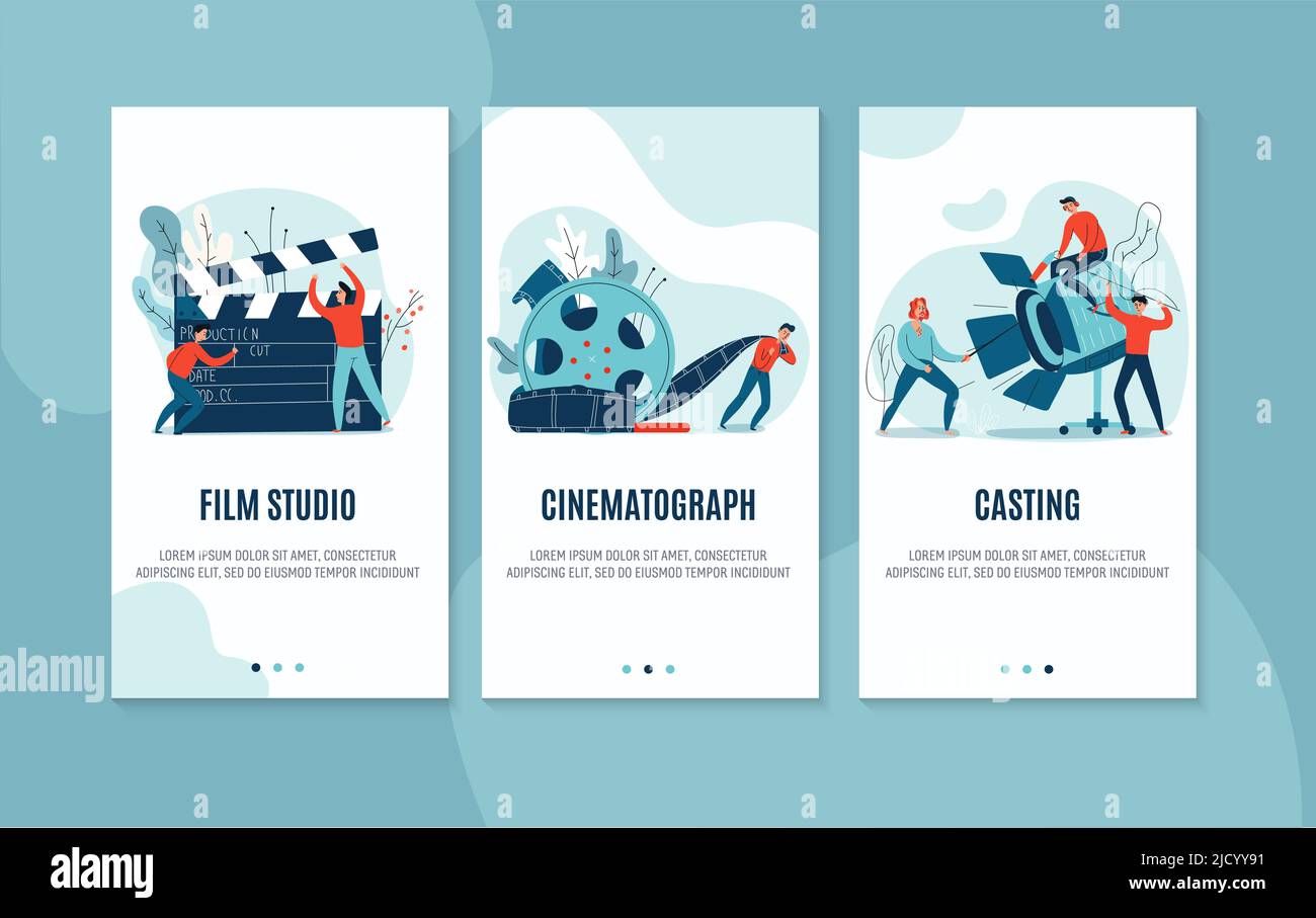 Flat set of three vertical cinema banners with film studio and actor ...