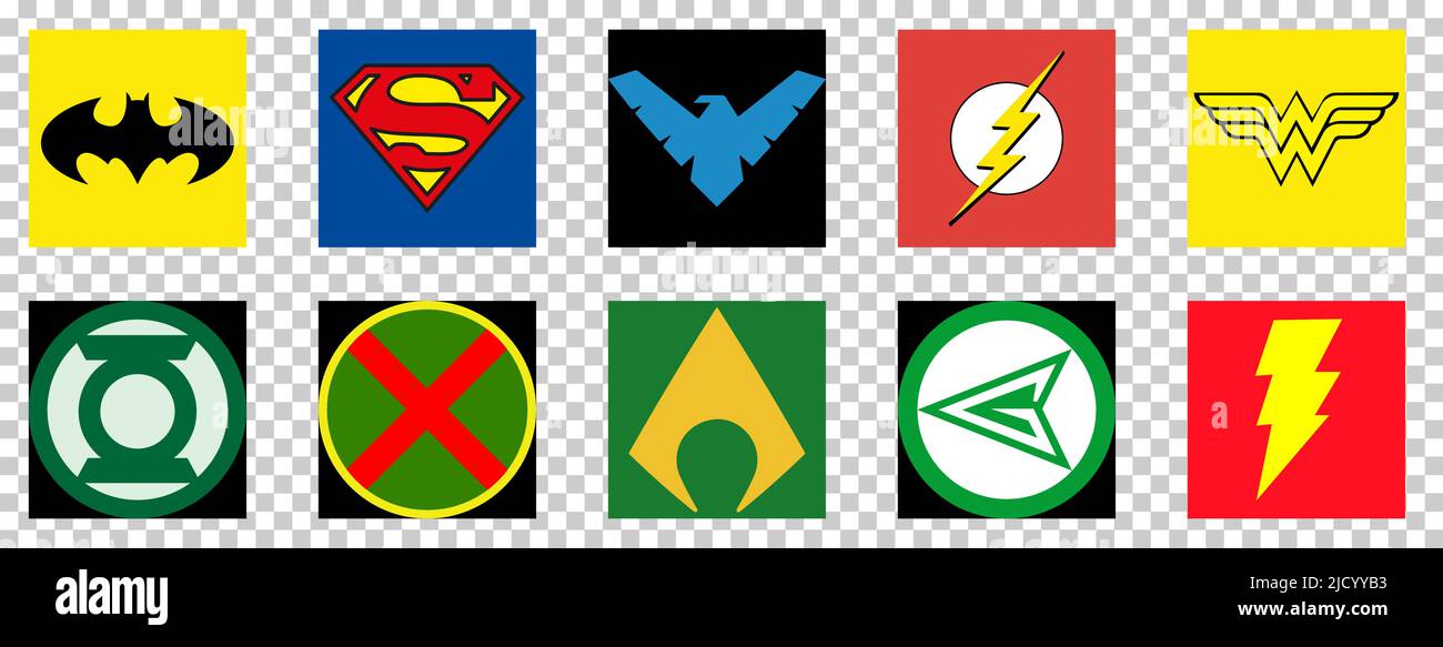 Best DC Comics Heroes. Batman, Superman, Nightwing, Flash, Wonder Woman, Green Lantern, Martian Manhunter, others. Editorial illustration isolated on Stock Vector