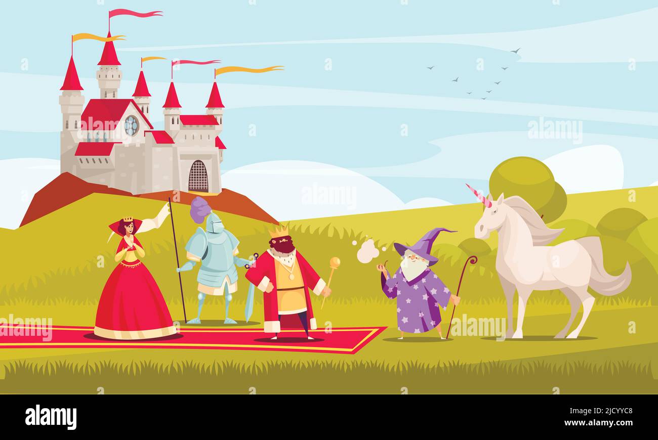 Fairy tale characters background with king queen and knight flat vector ...