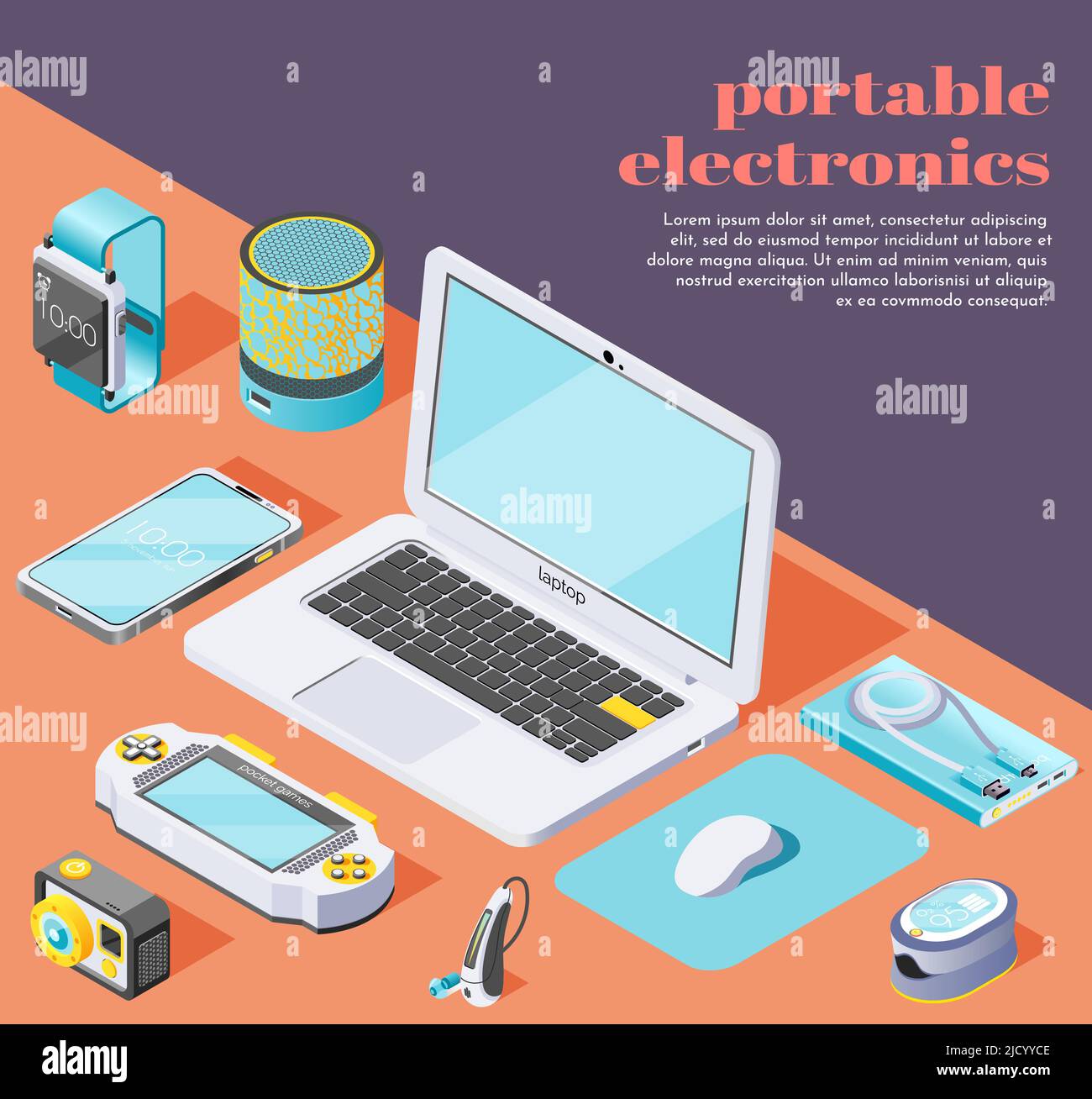 Portable electronics isometric background with  computer mouse flash drive laptop smartphone power bank fitness bracelet oximeter action camera icons Stock Vector
