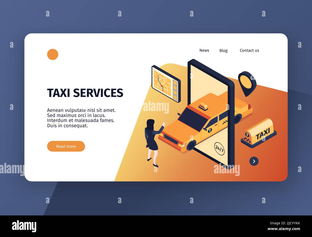 Isometric taxi concept banner web site landing page design with conceptual images clickable links and text vector illustration Stock Vector