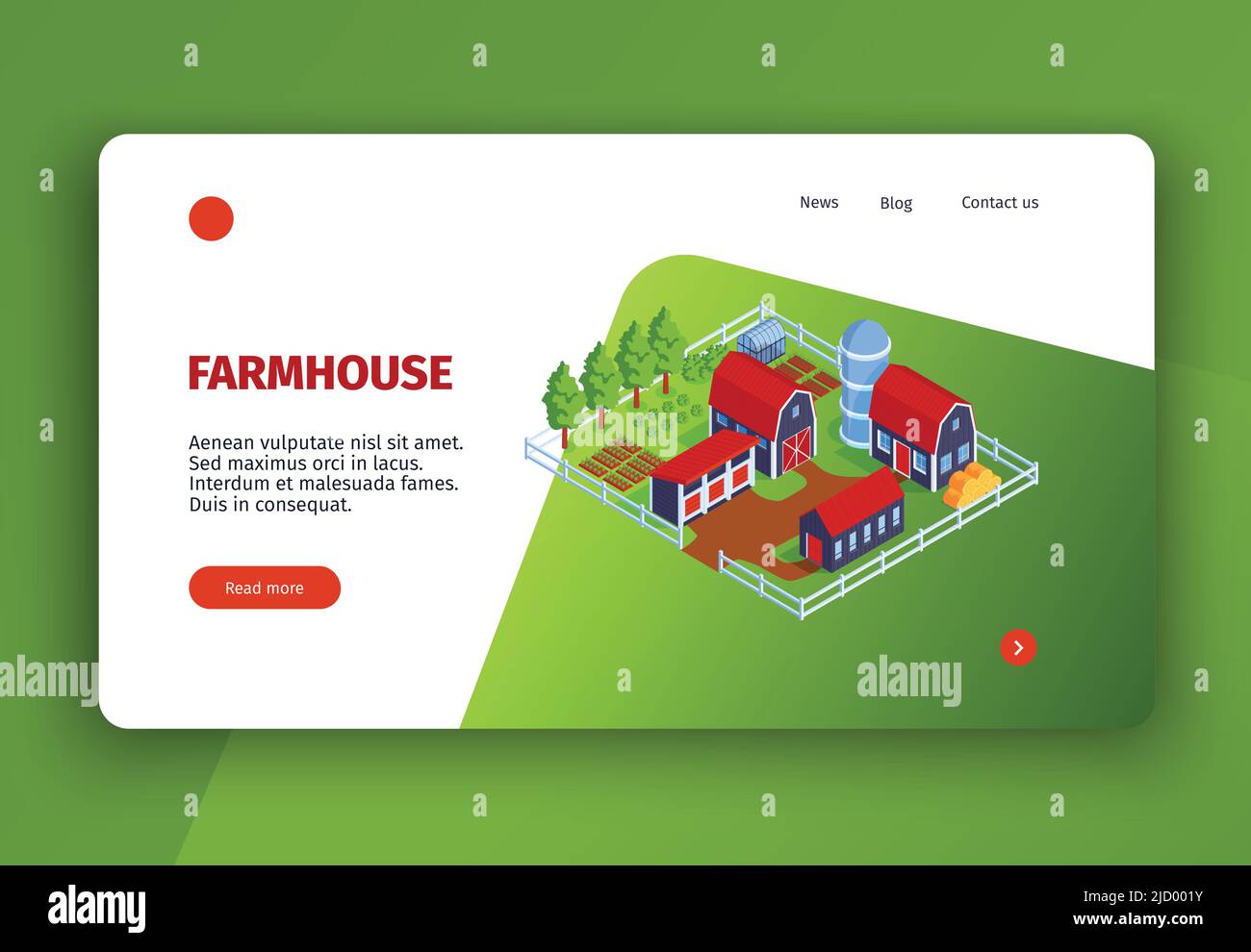 Isometric city concept banner website landing page with images of farm buildings clickable links and text vector illustration Stock Vector