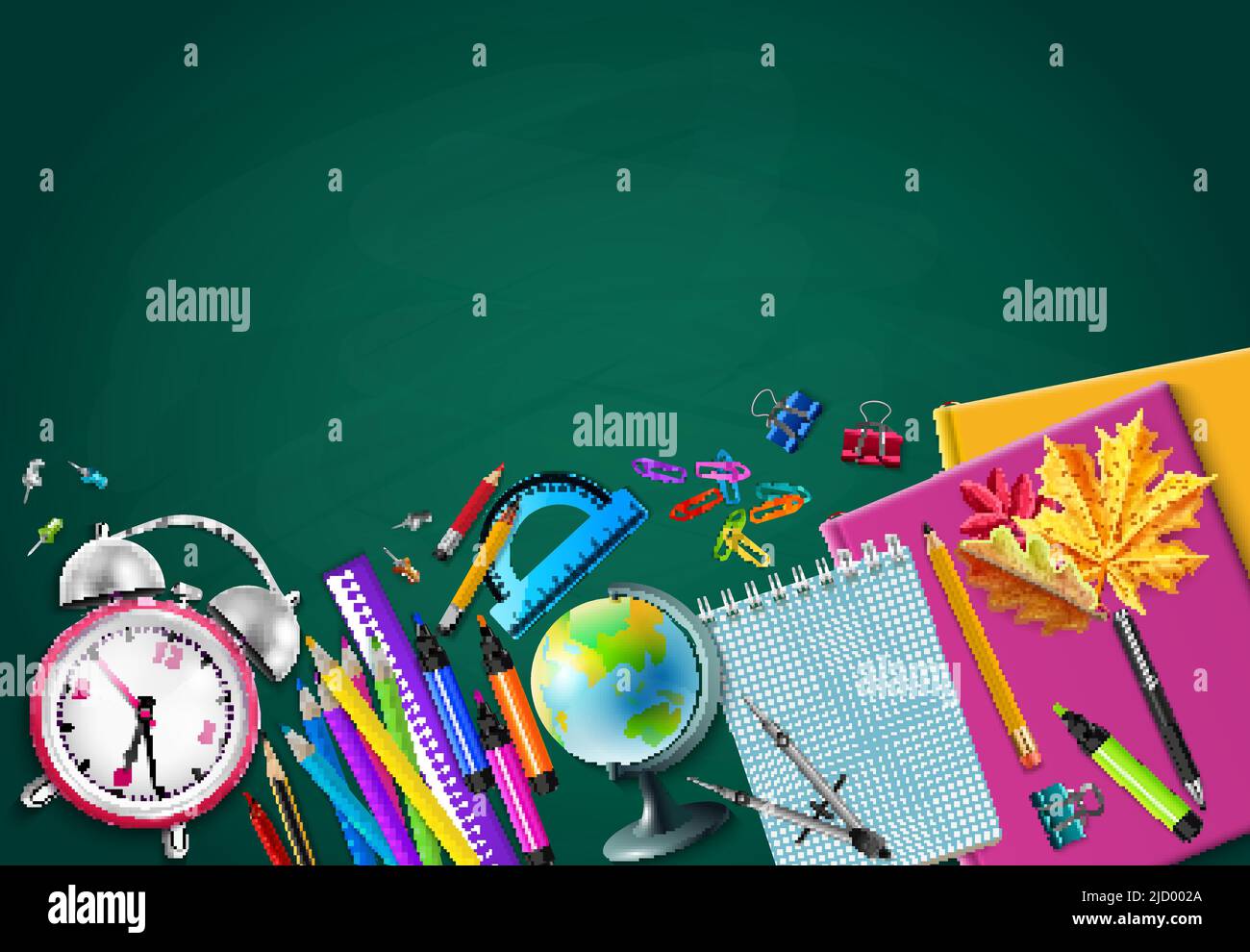 Back to school green chalk board background with pencils globe alarm ...