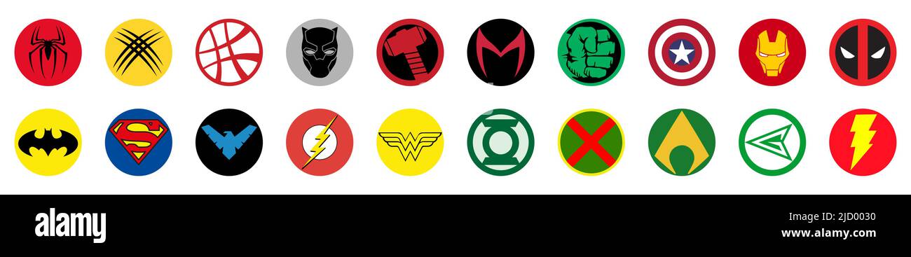 Set of famous superheroes DC and Marvel. Batman, Superman, Nightwing, Flash, Spider-Man, Deadpool, Hulk, others. Editorial illustration Stock Vector