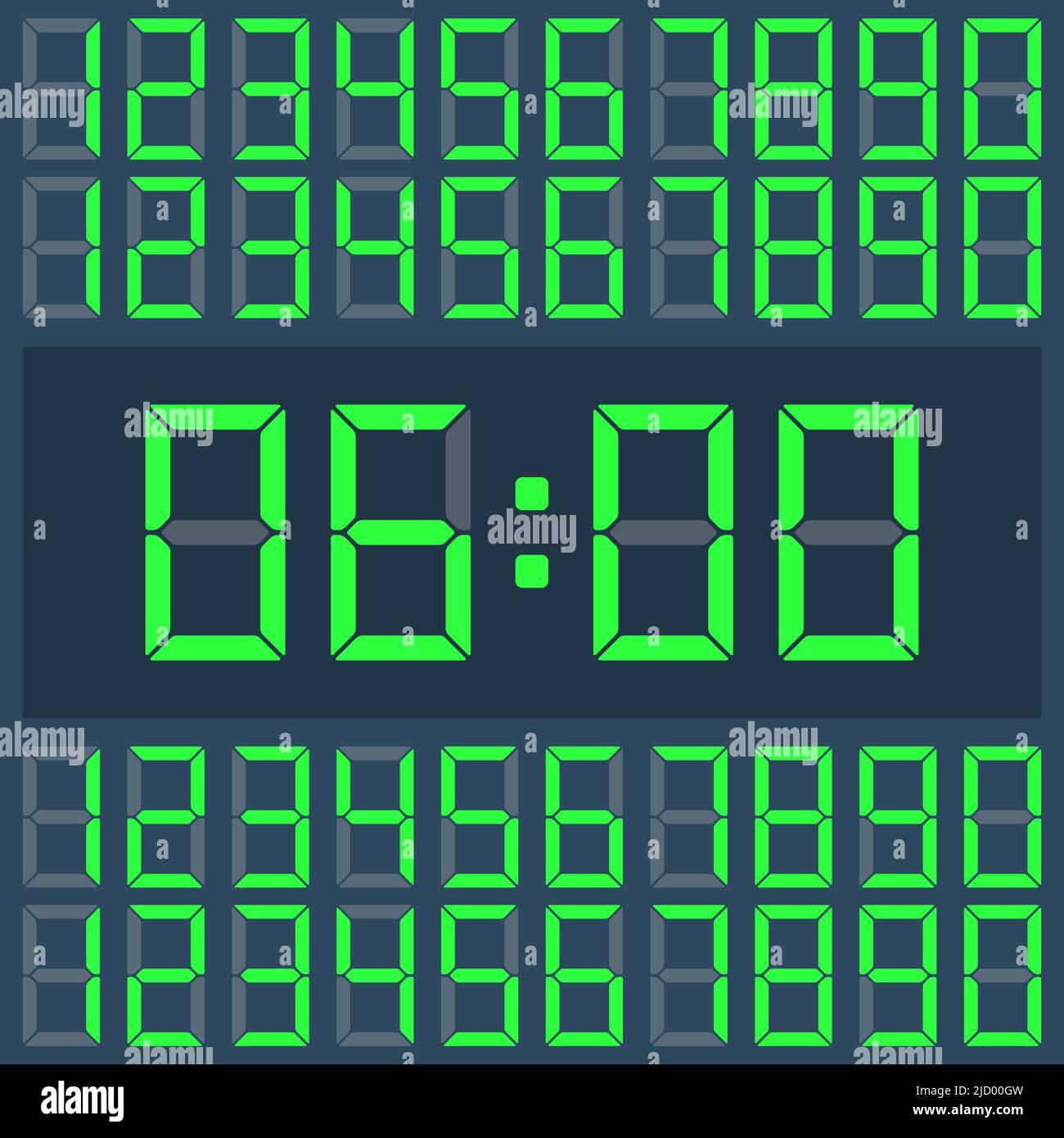 Green Vector Clock Digital numbers on a dark display. Stock Vector