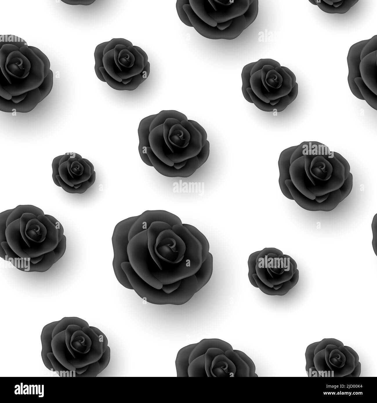 Vector Flower Seamless Pattern, Black Realistic 3d Roses on White. Floral Seamless Background. Wedding Concept. Floral Illustration for Dreeting Card Stock Vector