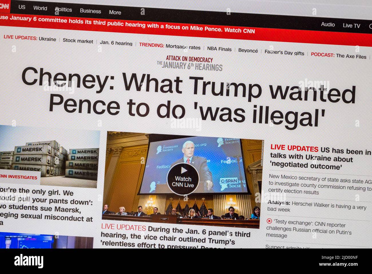 'What Trump wanted Pence to do was 'illegal'': CNN News website live headline during day 3 of the January 6th Committee hearing,16th June 2022. Stock Photo