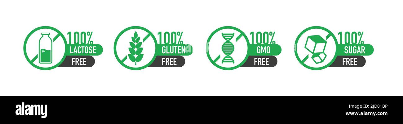 Flat icon with lactose gluten gmo sugar free. Organic signs. Vector illustration. Stock Vector