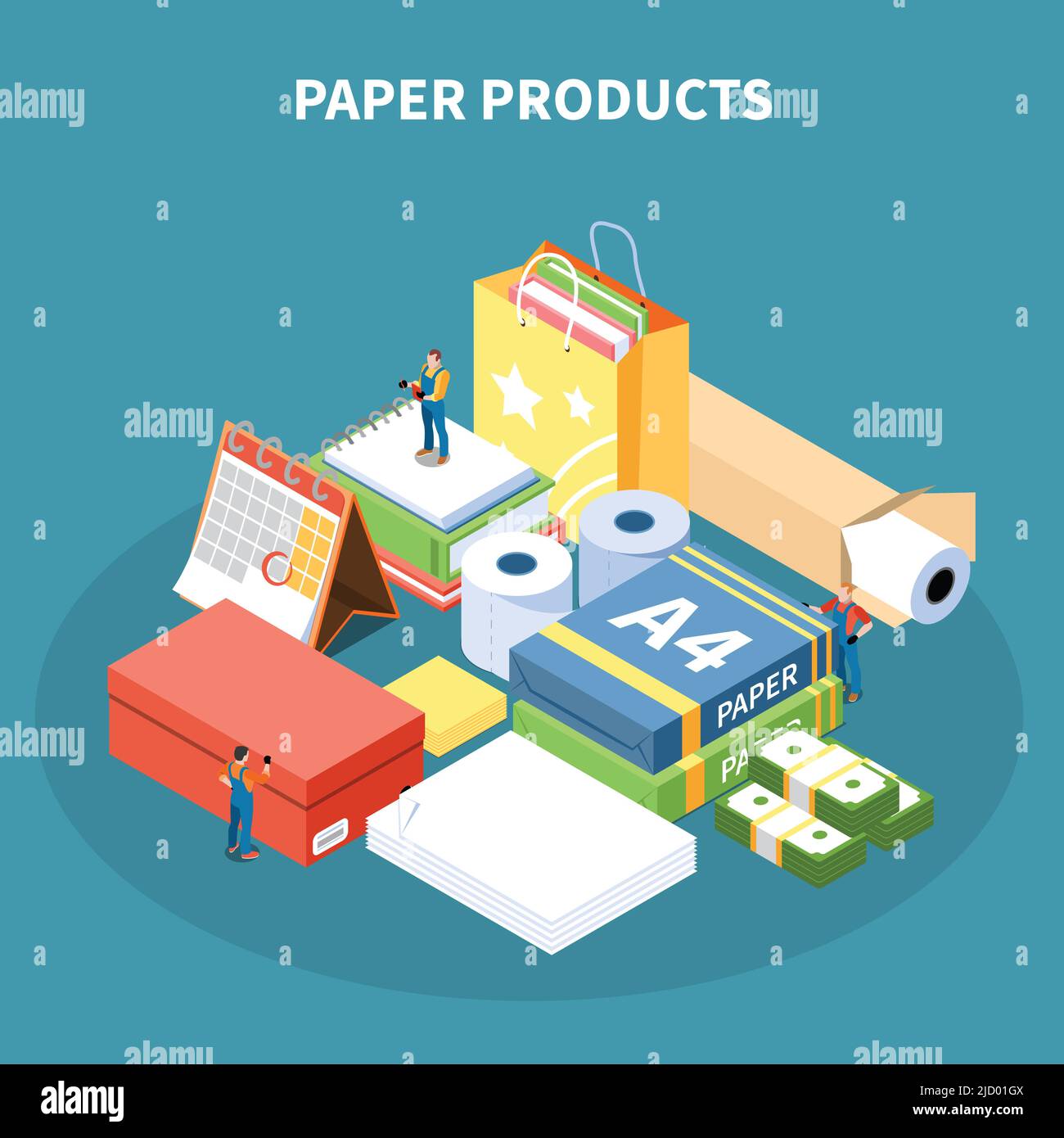 Paper products isometric design concept with package box school