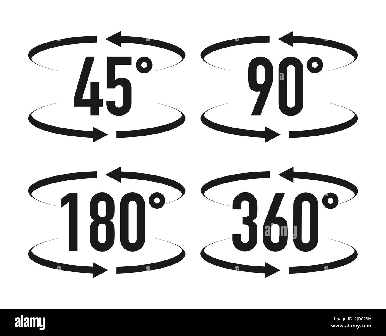 Signs with arrows to indicate the rotation or panoramas to 45, 90, 180 and 360 degrees. Vector illustration. Stock Vector