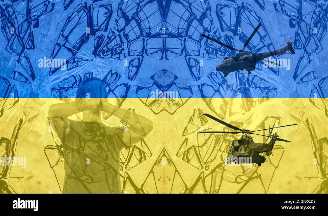 Man with hands on face behind broken glass and military helicopters with Ukraine flag overlayed. Ukraine, Russia, war, conflict refugee, PTSD. concept Stock Photo