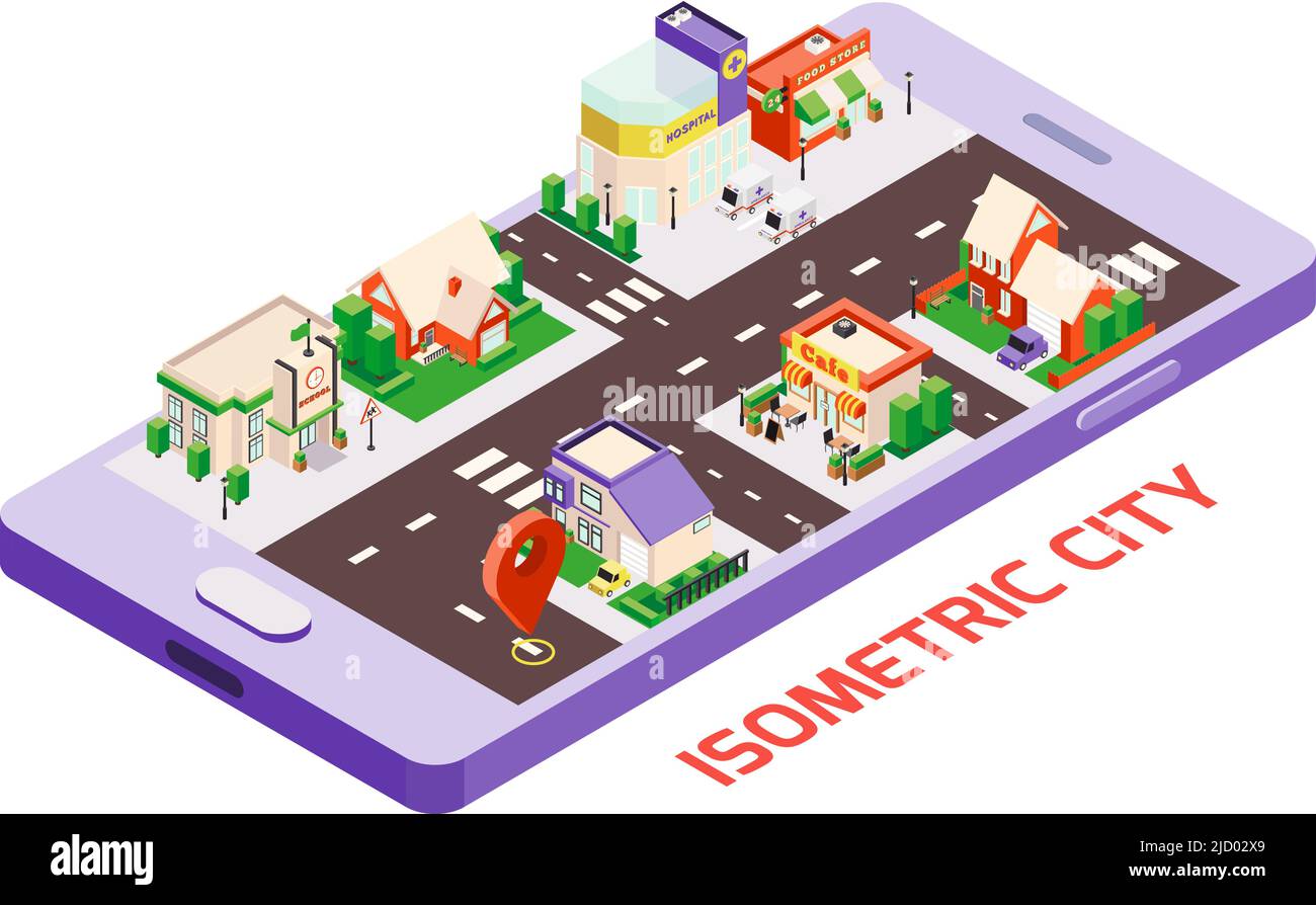 Isometric city buildings smartphone map composition with image of ...