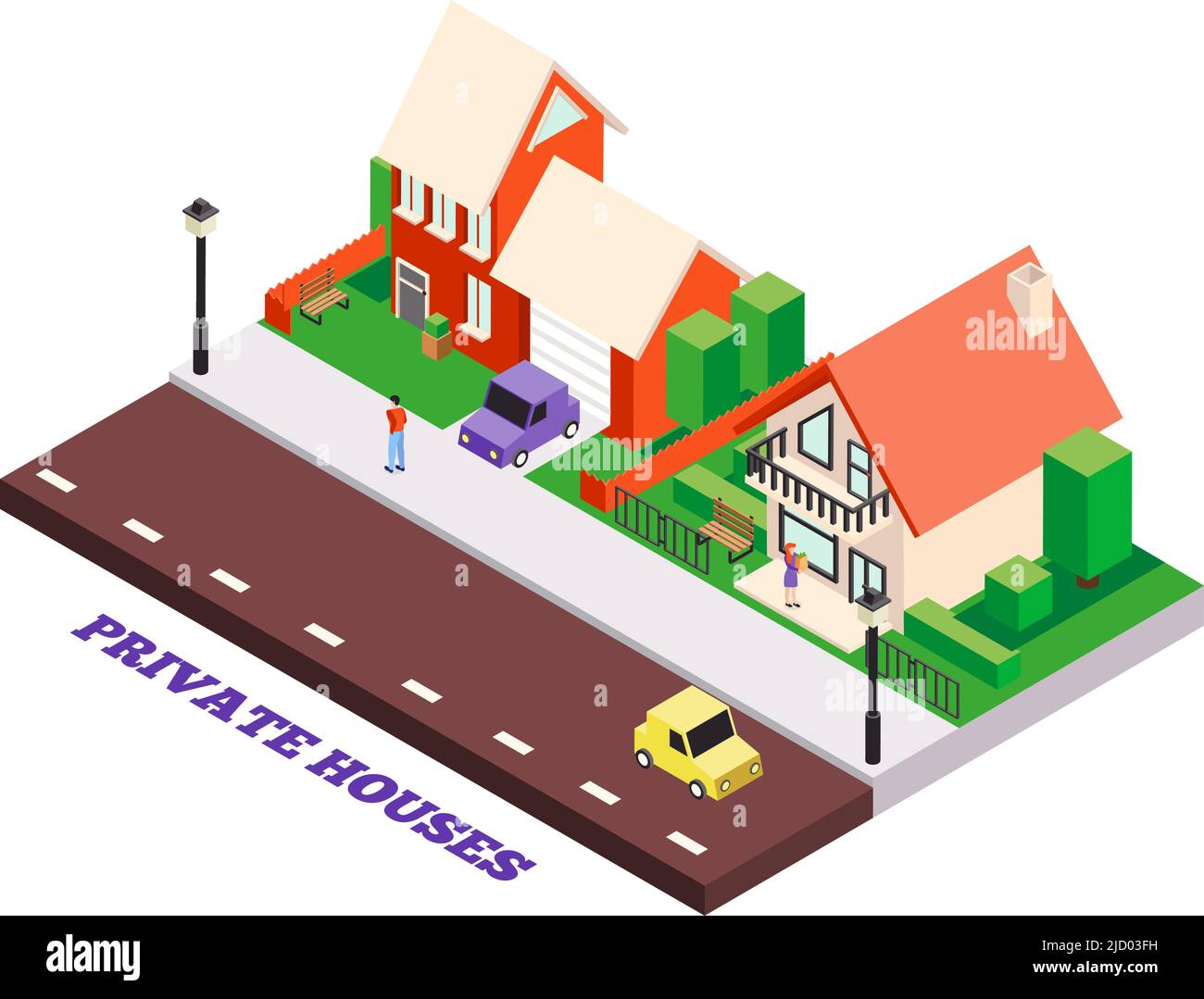 Isometric city buildings background with editable text and private town houses scenery with cars and people vector illustration Stock Vector