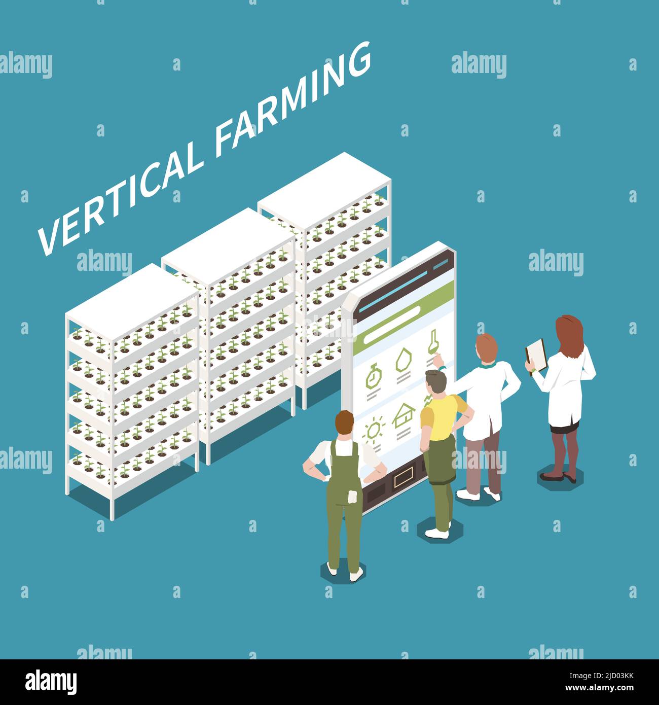 Vertical farming isometric concept with smart technology symbols vector