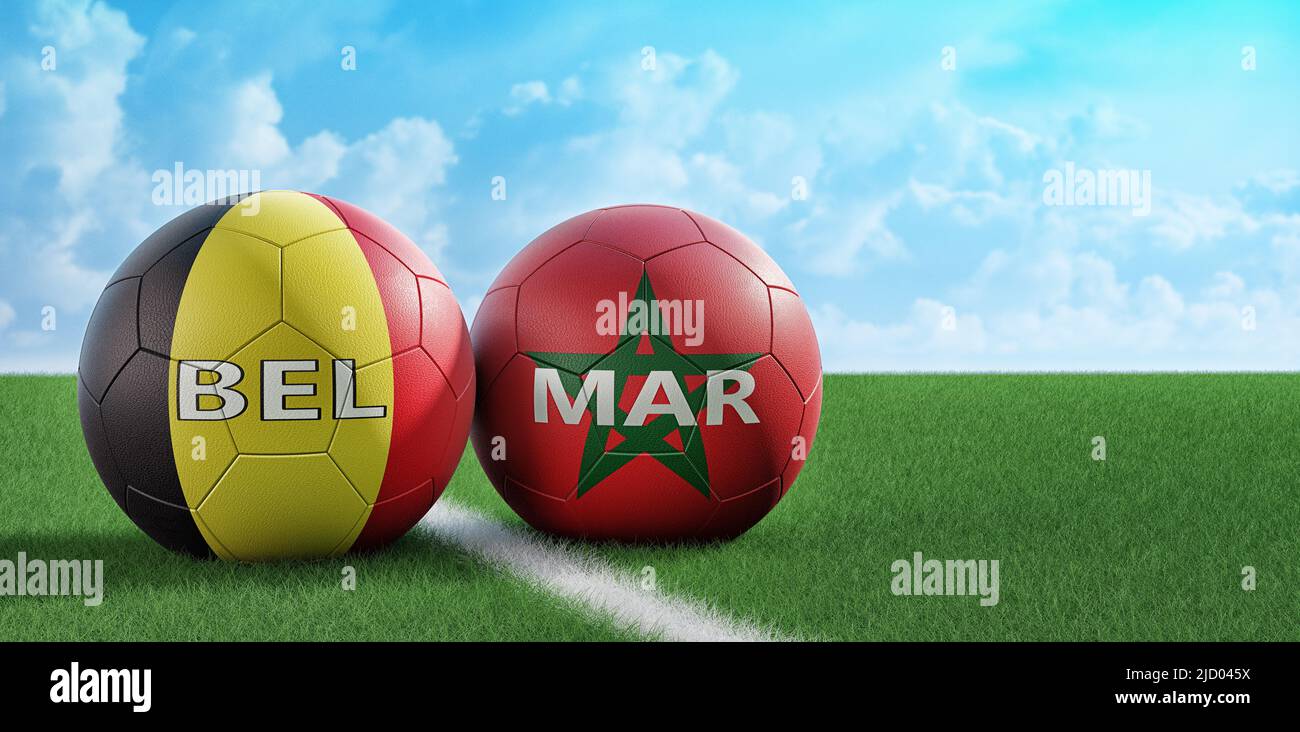 Belgium vs. Morocco Soccer Match - Leather balls in Belgium and Morocco national colors. 3D Rendering Stock Photo