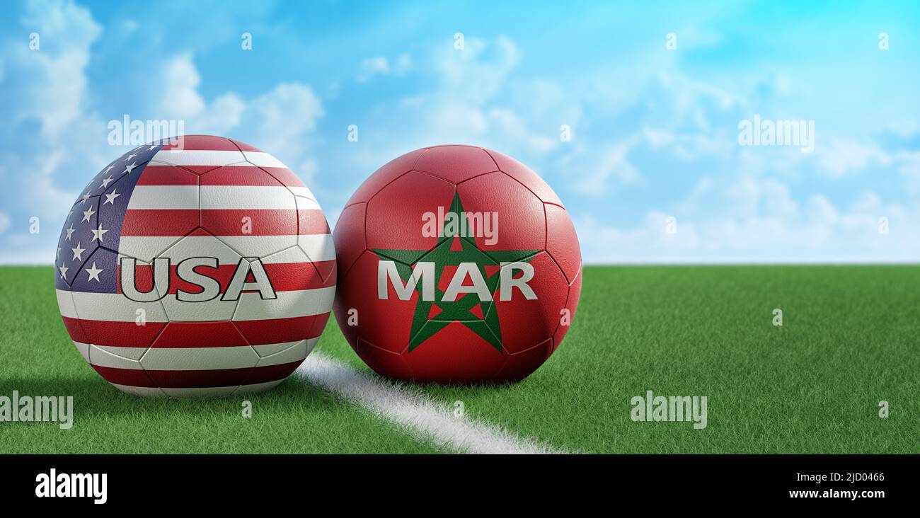 USA vs. Morocco Soccer Match - Leather balls in USA and Morocco national colors. 3D Rendering Stock Photo