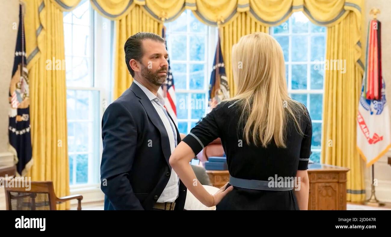 White House photographs of Donald Trump, Jr. and sister Ivanka Trump  on January 6th, 2021 in the Oval Office from the National Archives. Video testimony of witnesses presented during the US House January 6th Committee hearings on the attack on the US Capitol. Stock Photo