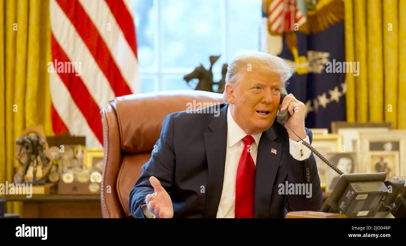 White House photographs of President Donald Trump on January 6th, 2021 from the National Archives. Video testimony of witnesses presented during the US House January 6th Committee hearings on the attack on the US Capitol. Stock Photo