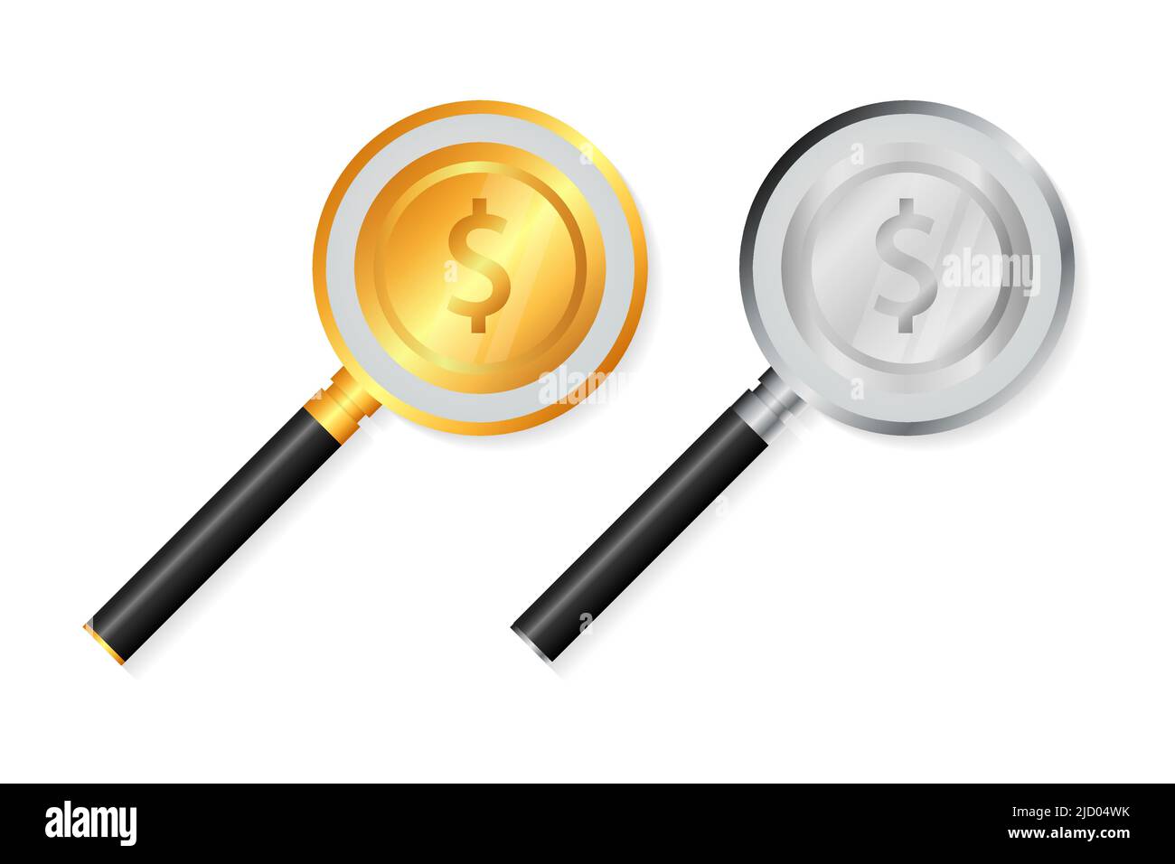 Magnifying glass with gold and silver coins on white background ...