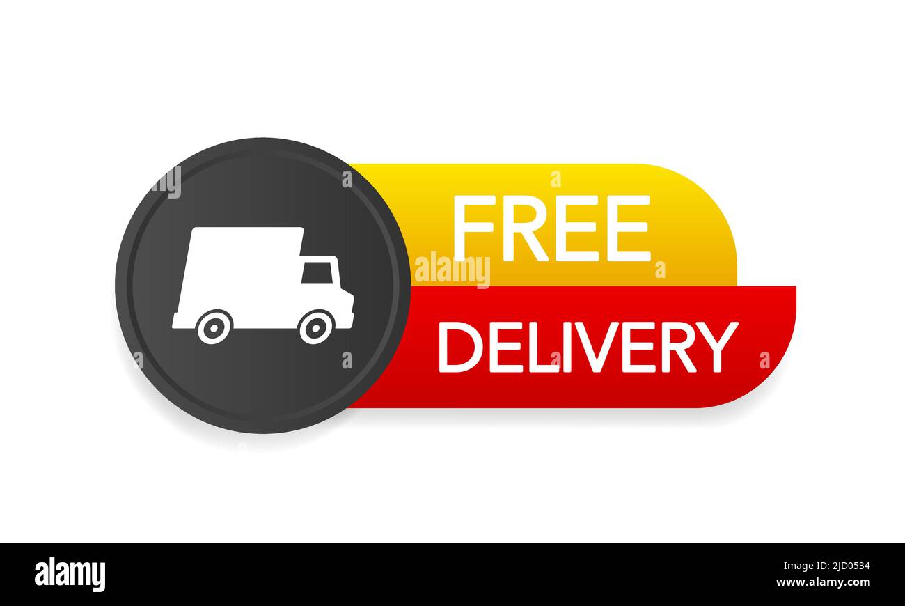 Free delivery service badge. Fast time delivery order with car on white background. Vector illustration. Stock Vector