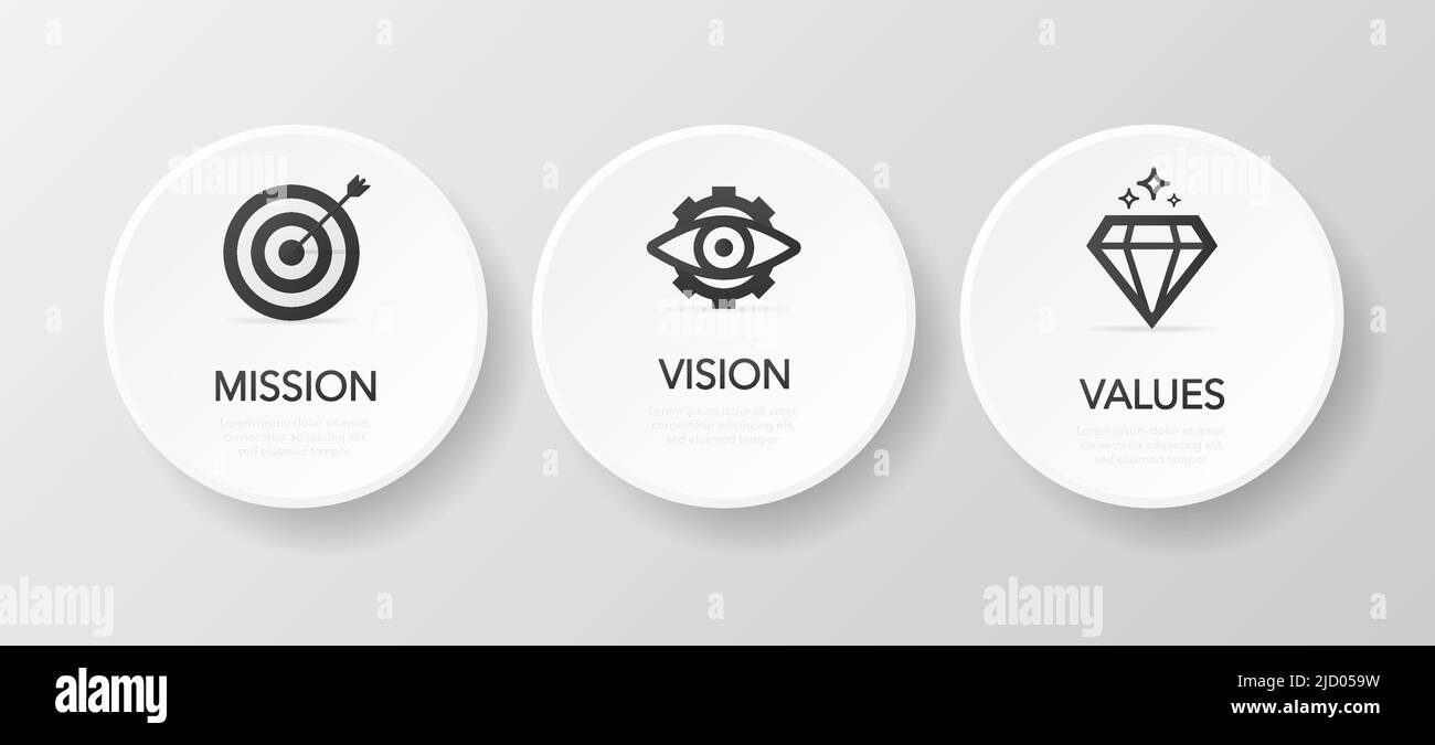 Mission. Vision. Values. Modern flat design concept. Vector icon on button white background. Vector illustration. Stock Vector