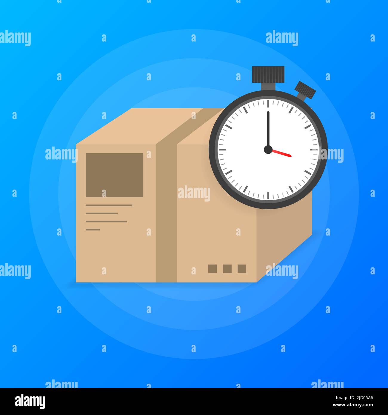 Express delivery service logo. Fast time delivery parcel with stopwatch on blue background. Vector illustration. Stock Vector