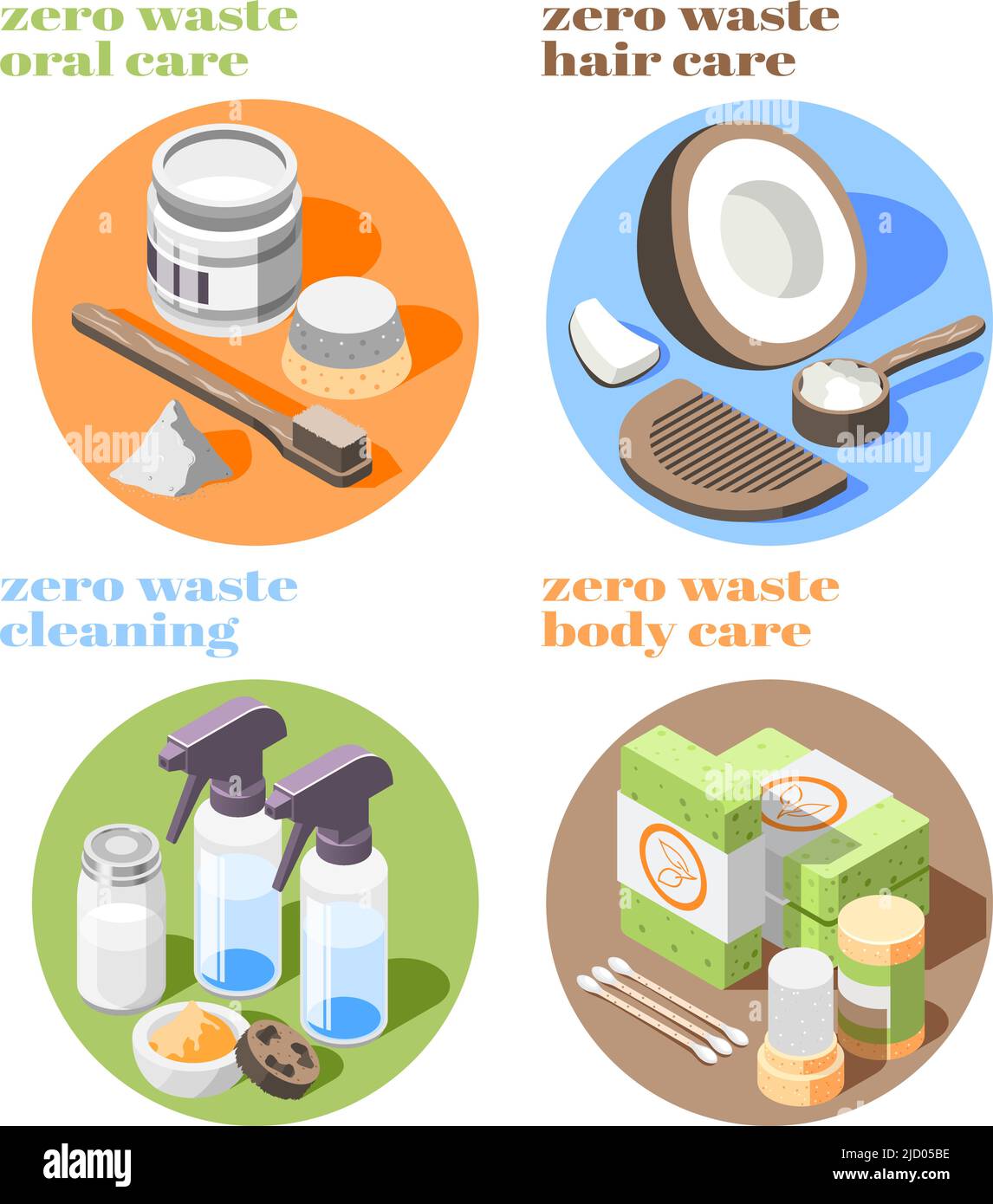 Isometric icons set with zero waste products for cleaning body and hair care 3d isolated vector illustration Stock Vector