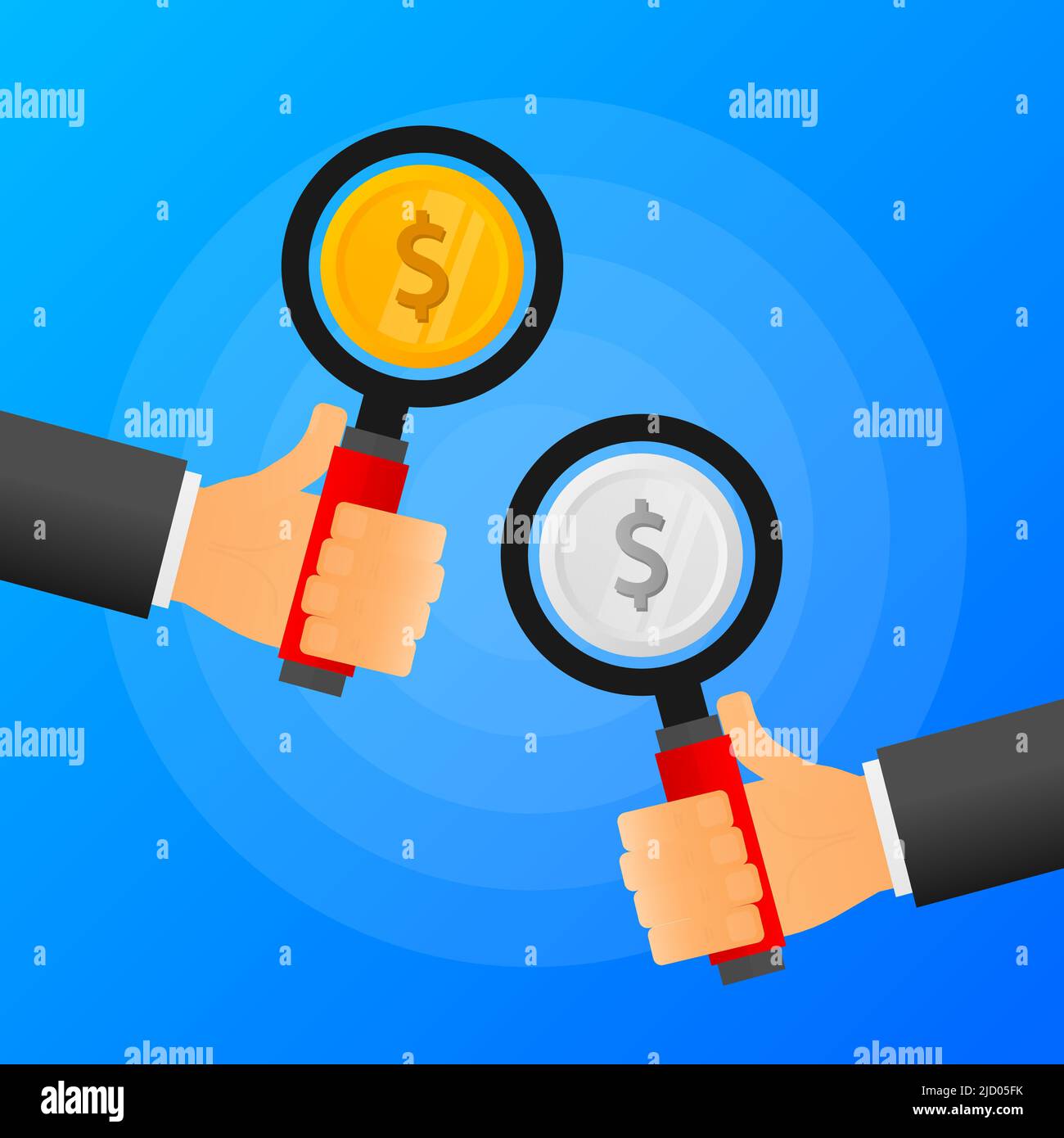 Hands holds lens glass with silver and gold money. Blue background. Vector illustration. Stock Vector