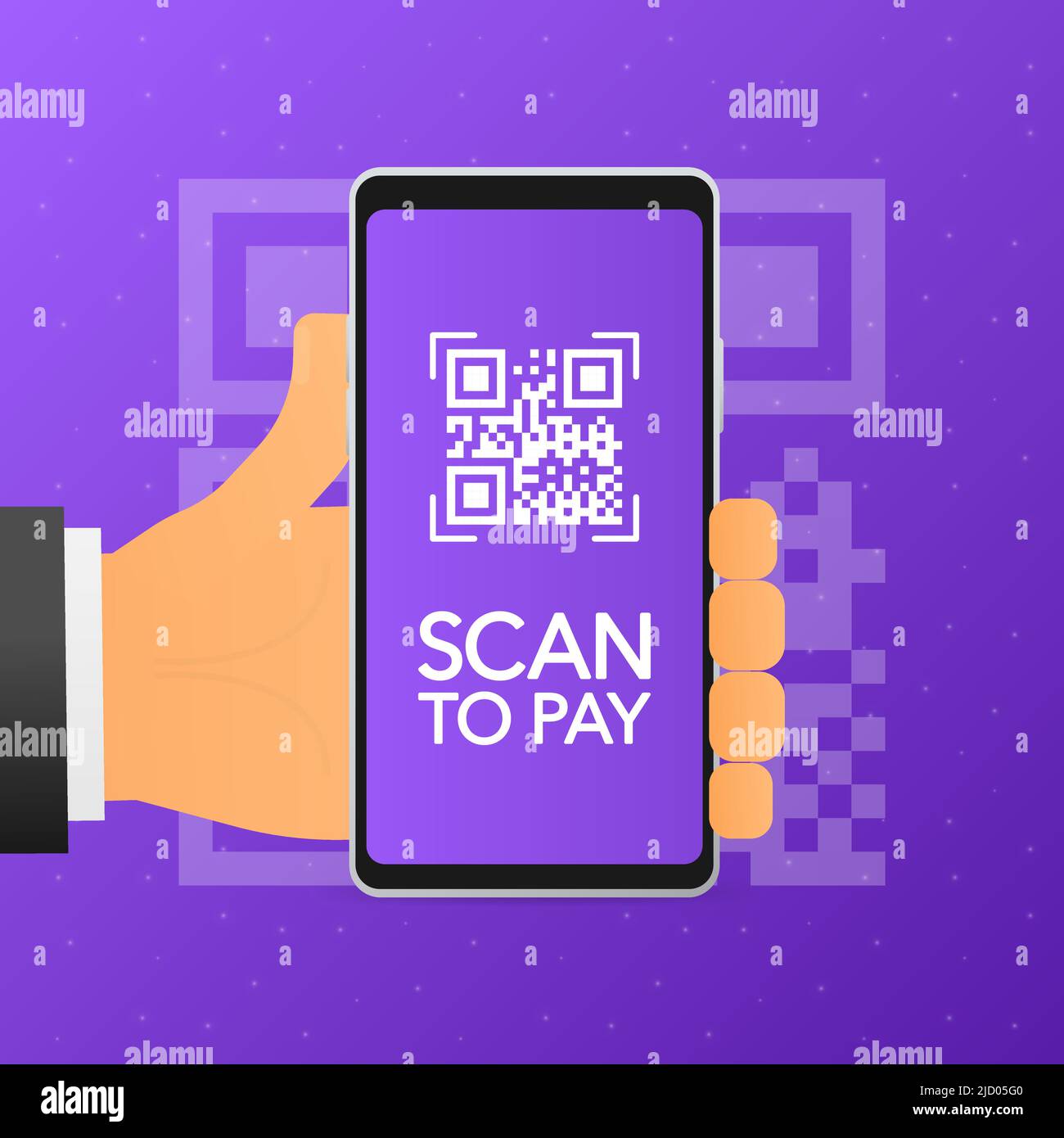 Hand holds phone with scan qr code to pay on screen. Phone on violet background. Vector illustration. Stock Vector