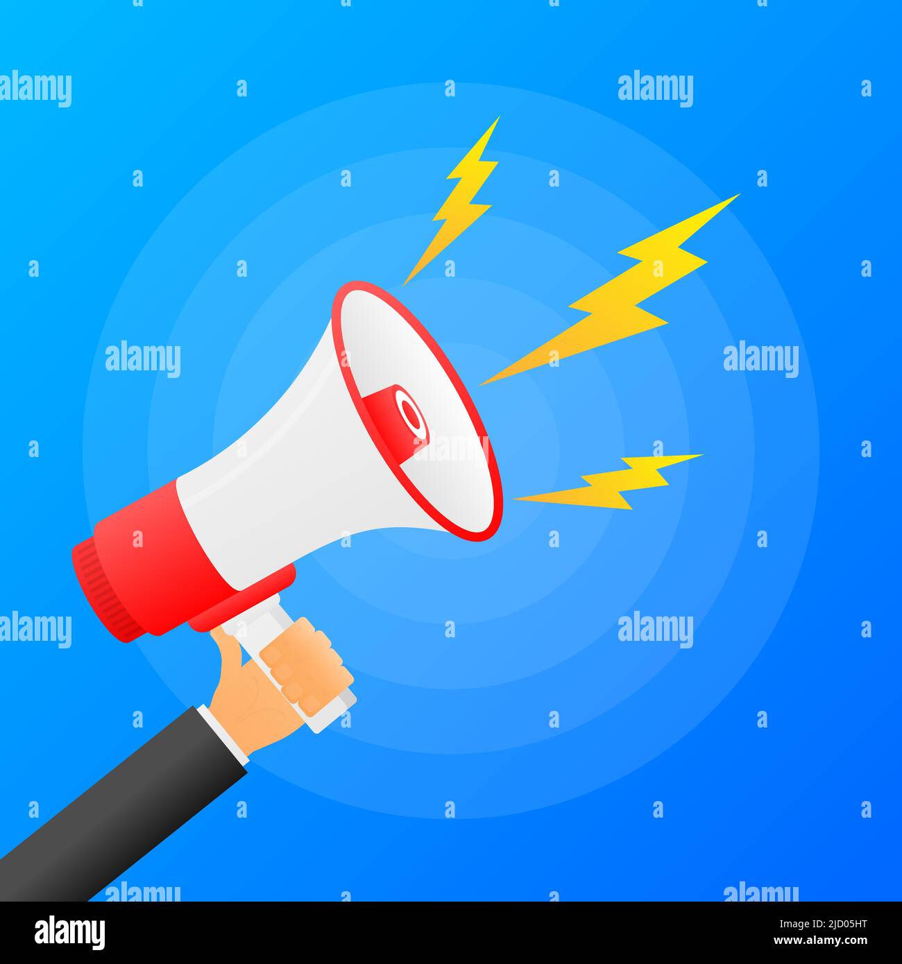 Hands hold red megaphone. Flat loudspeacker on blue background. Vector illustration. Stock Vector