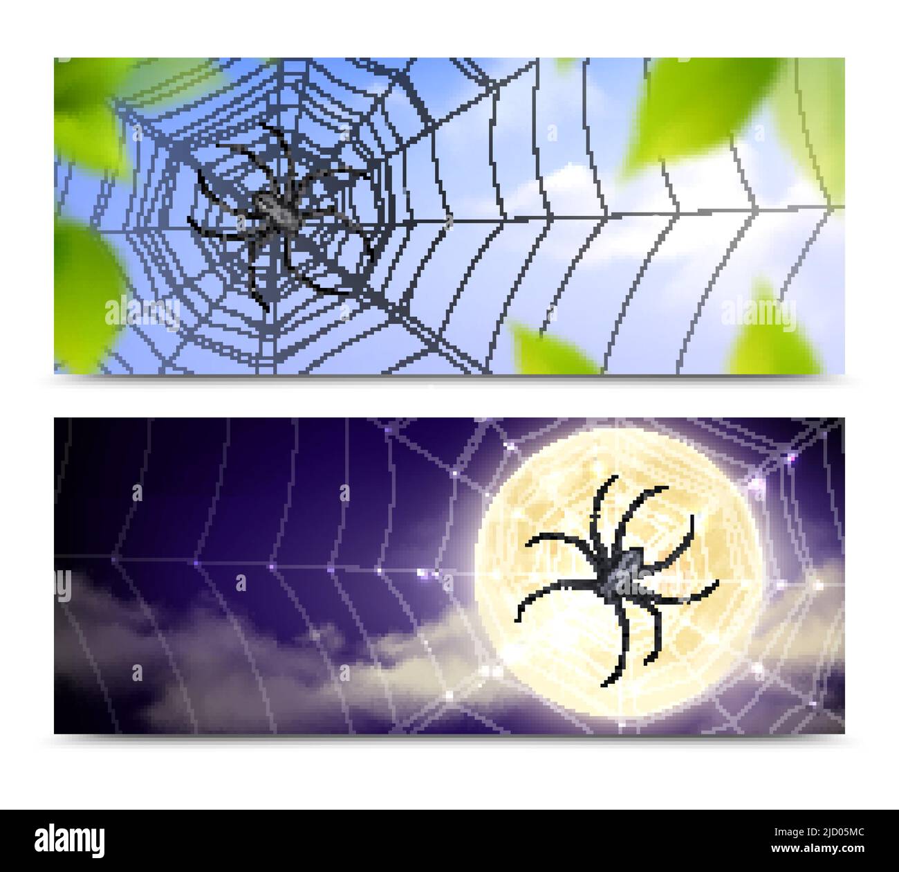 Two horizontal and realistic black spiders banner set with spiders weaving cobwebs day and night vector illustration Stock Vector