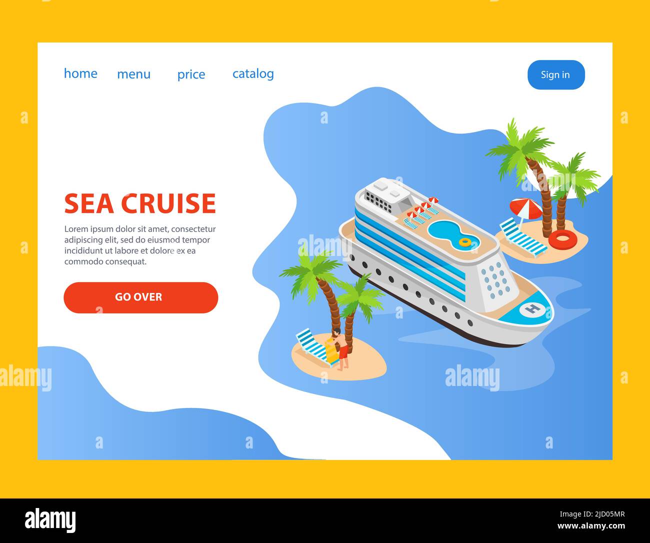 Sea cruise isometric landing page with map of sea coast price and