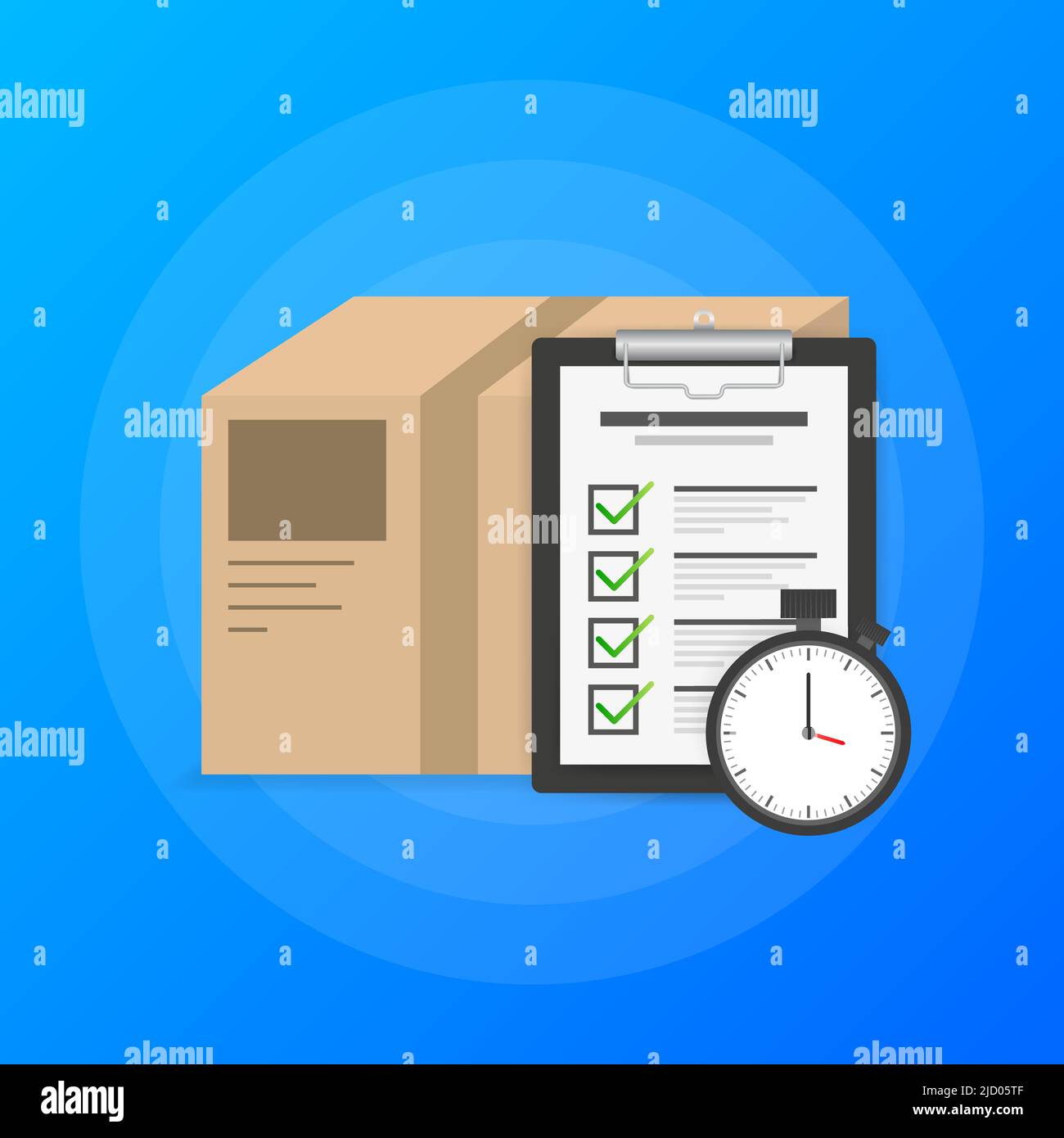 Express delivery service logo. Fast time delivery parcel with stopwatch on blue background. To do list. Vector illustration. Stock Vector