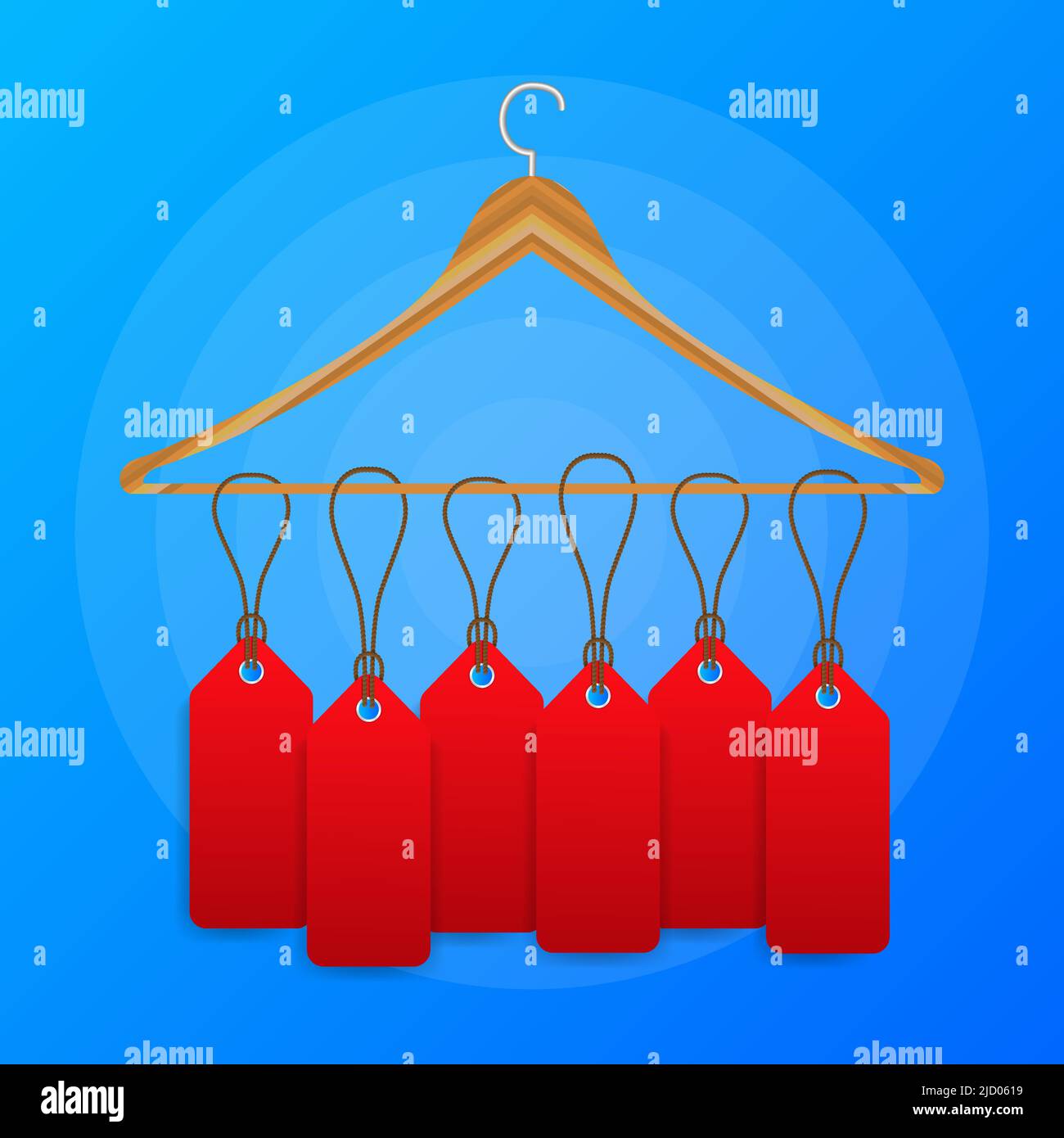 Lots of labels on a clothes hanger on blue background. Vector