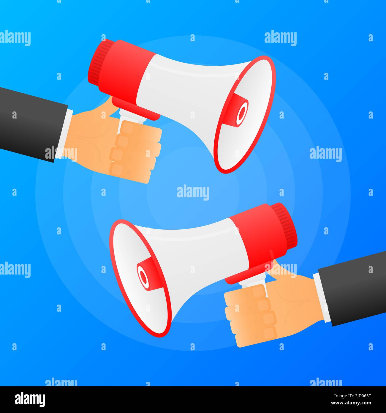 Hands hold two red megaphones. Flat loudspeacker on blue background. Vector illustration. Stock Vector