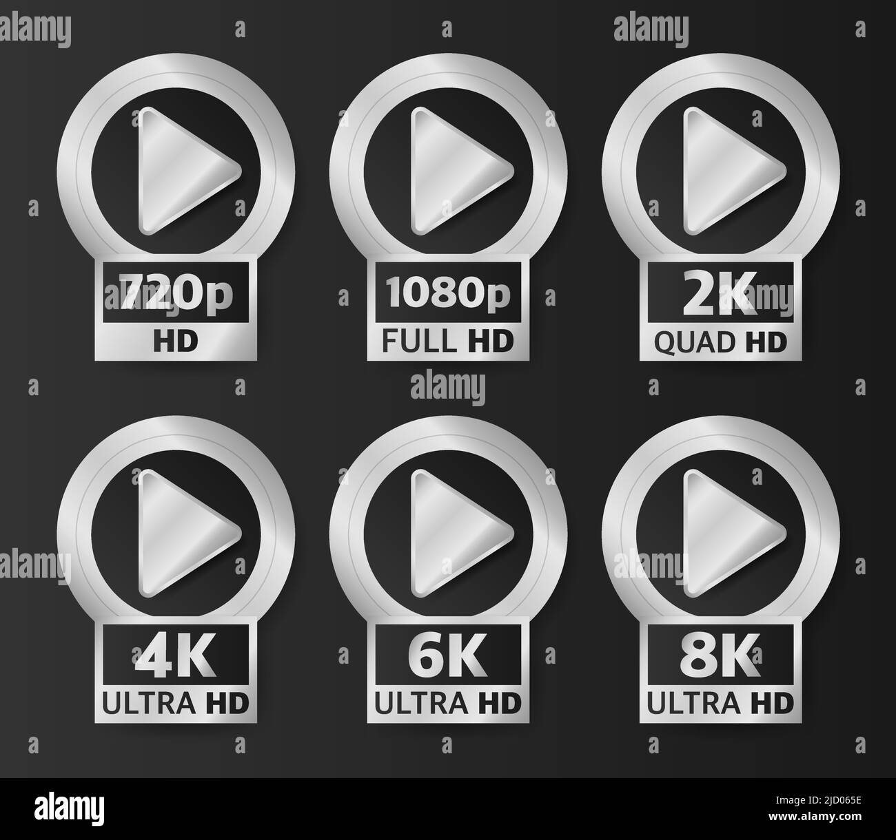 Video Quality Badges in silver color on black background. Hd, Full Hd, 2K, 4K, 6K and 8K. Vector illustration. Stock Vector