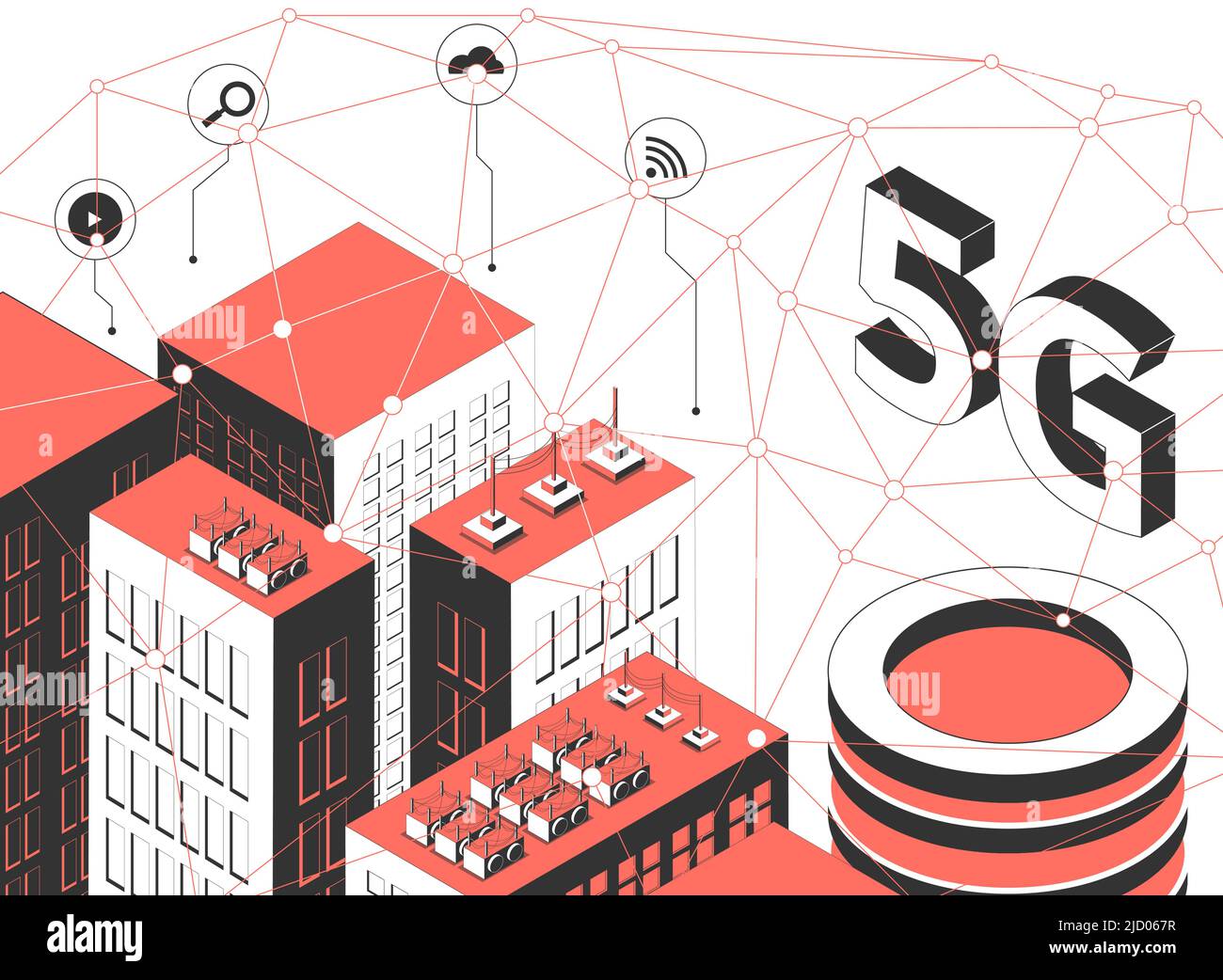5G wireless technology isometric composition with city block tall buildings images round pictogram icons and net vector illustration Stock Vector