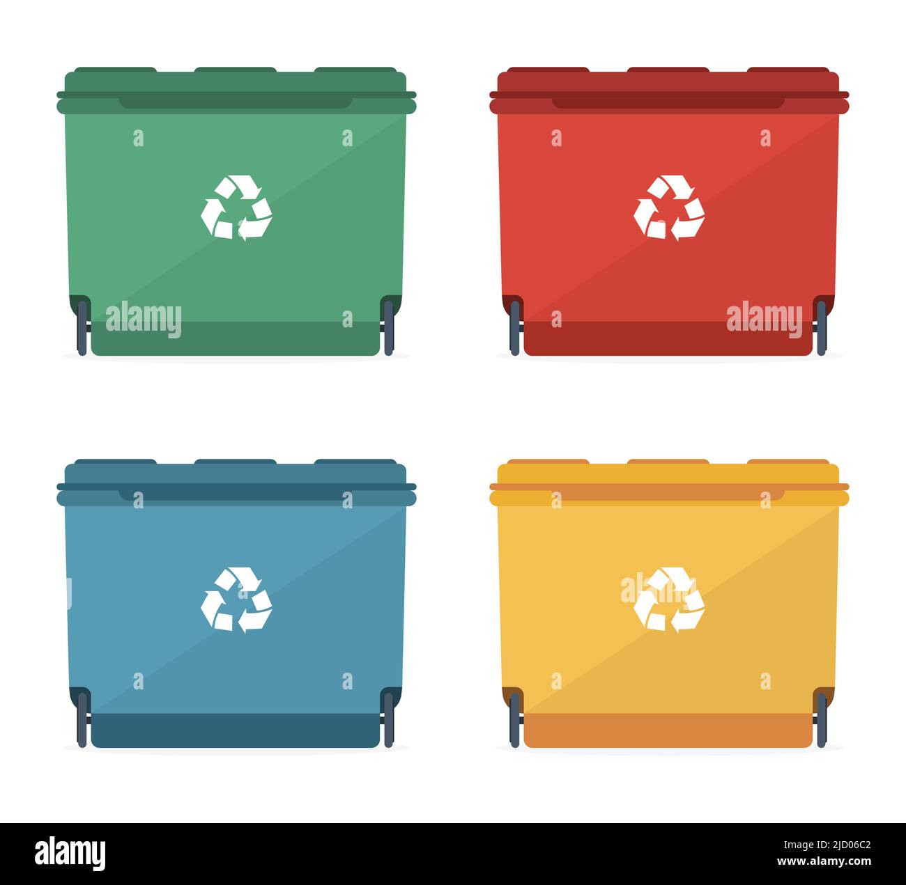 Waste bins of different sizes and different colors with a recycling sign. Vector illustration. Stock Vector