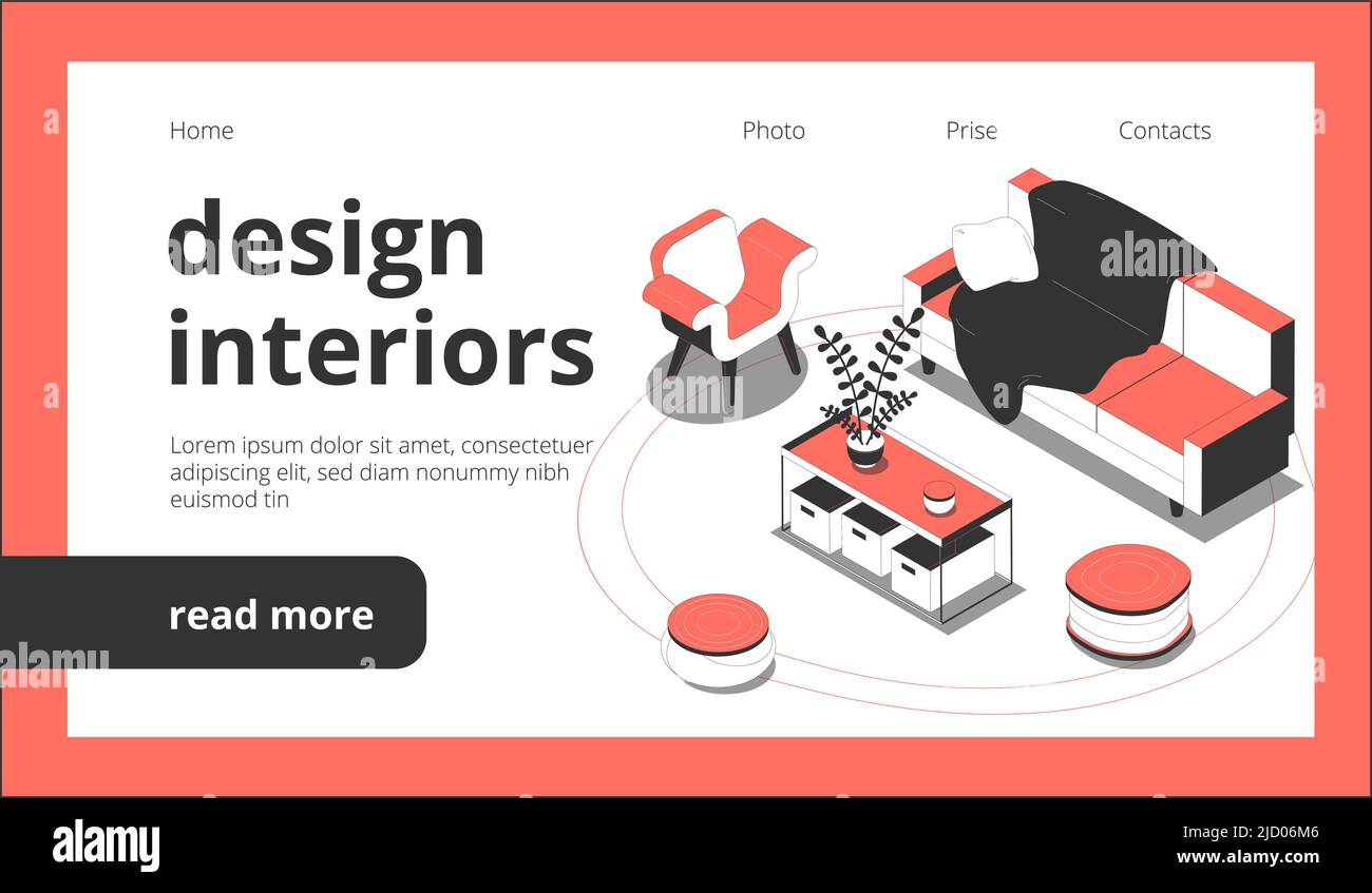 Design of interiors web page isometric landing website background with ...