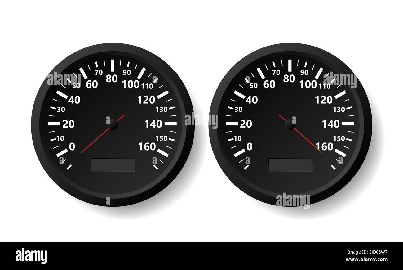 Two realistic speedometers with different arrow positions on white background. Vector illustration. Stock Vector