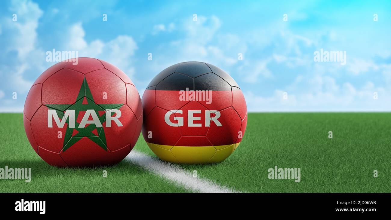 Germany vs. Morocco Soccer Match - Leather balls in Germany and Morocco national colors. 3D Rendering Stock Photo