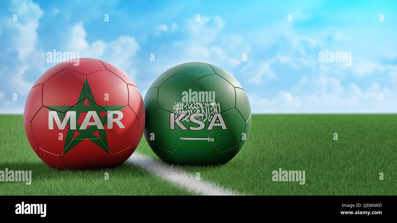 Saudi Arabia vs. Morocco Soccer Match - Leather balls in Saudi Arabia and Morocco national colors. 3D Rendering Stock Photo