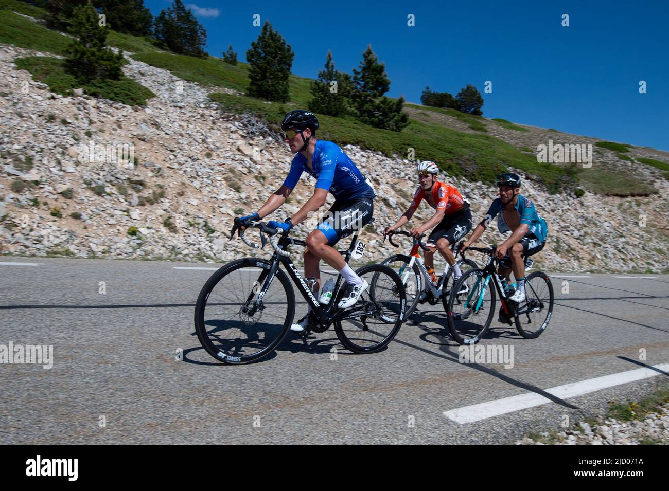From L to R: Jean Goubert (Nice métropole côte d’azur team), Joris Delbove (st michel – auber93 team) and  Thibault Ferasse (b&b hotels – ktm team) seen in action three kilometers from the finish line. The 4th edition of the CIC - Mont Ventoux Dénivelé Challenges is part of the UCI Europe Tour 2022 calendar in category 1.1. Starting from Vaison la Romaine, the distance to be covered is 154 kilometers of race with a double ascent of Mont Ventoux with a summit finish. Ruben Guerreiro (EF-Education EasyPost) won the Mont Ventoux Dénivelé Challenges solo ahead of teammate Esteban Chaves (EF-Educat Stock Photo