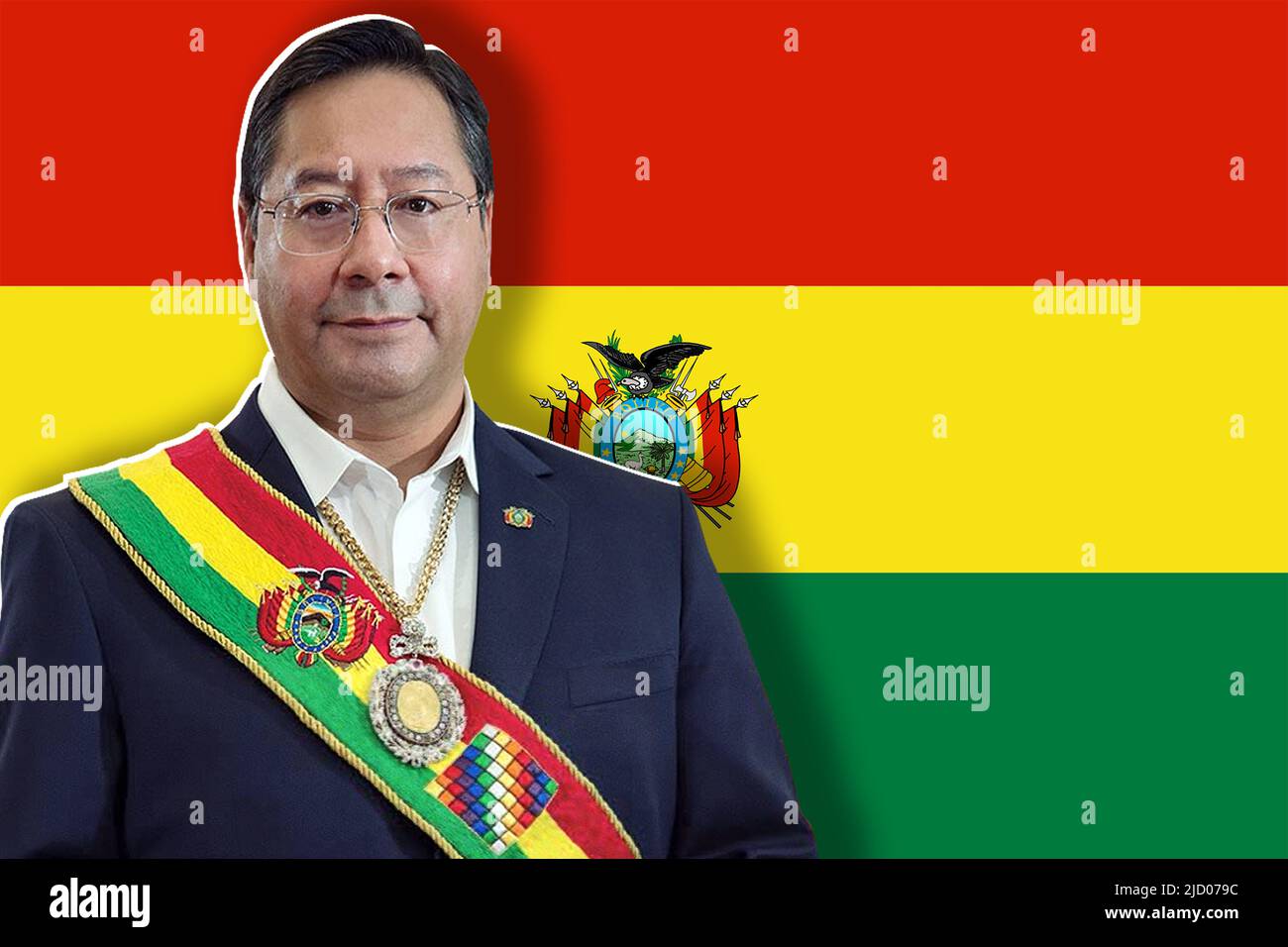 Luis Arce and Bolivian flag Stock Photo