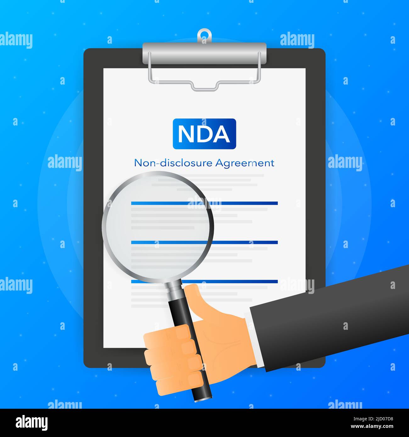 Hand holds magnifying glass over tablet with NDA on blue background ...