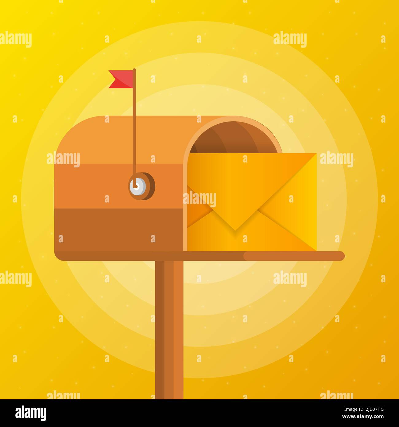 Mailbox with a letter inside in a flat style on a yellow background. Vector illustration. Stock Vector